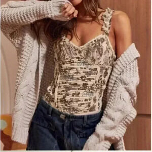 Free People Cream and Brown Bodysuit